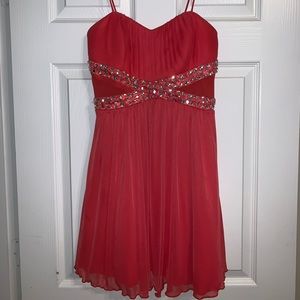 Coral homecoming dress with mesh jeweled sides